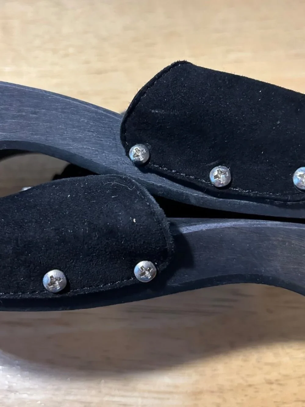 Authentic Women Chanel Black Suede Interlocked CC Wood Clog Mule Sandals 38 US/8